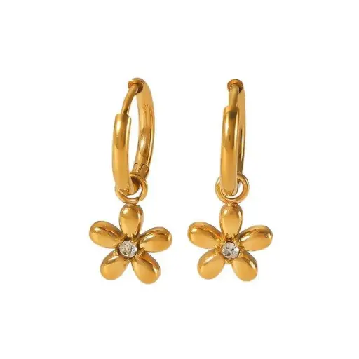 [E00051] Zircon Flower Petal Pendant Huggie Stainless Steel Earring 18k Gold Plated