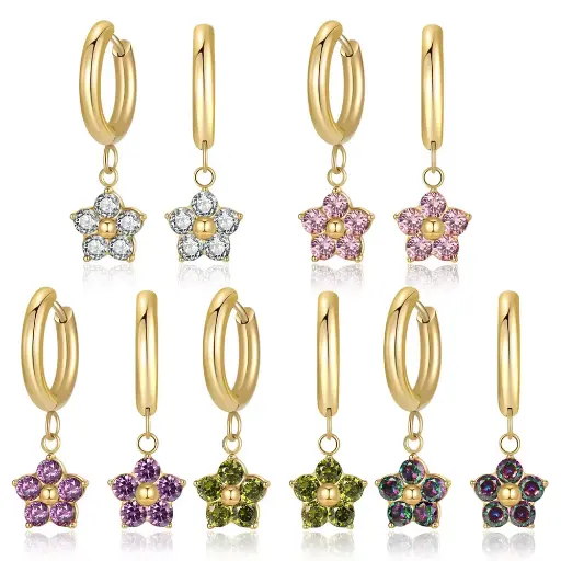 18k Gold Plated Zircon Flower Petal Pendant Huggie Stainless Steel Earring
