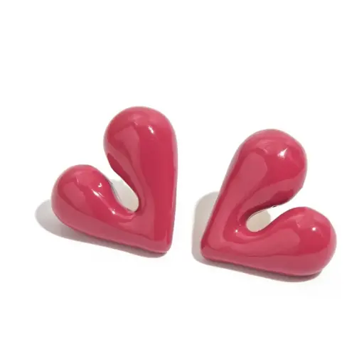 [E00053] Romantic and Cute Stainless Steel Chunky Hollow Hot Pink Heart Oiled Earring