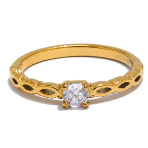 Shiny Zircon 18K Gold PVD Plated Golden Stainless Steel Ring