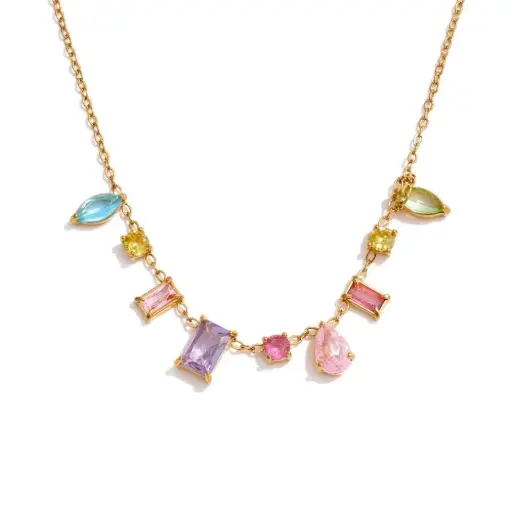 [N0051] Stainless Steel High Quality Premium Jewelry Bling Colorful Cubic Zirconia Pendant Necklace