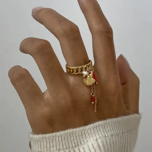 [R0009] Coral Red & Shell Chain Chain Open Ring