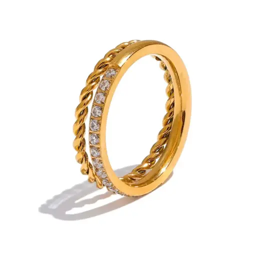 Cubic Zirconia Double Round Chain Golden Ring for Women Waterproof