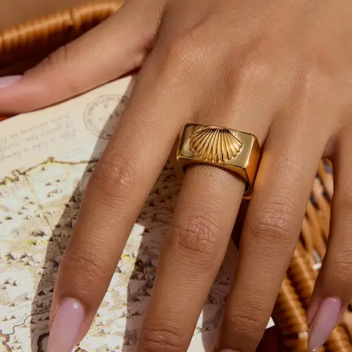 [R0018] Square Ring Textured Shell Design Hypoallergenic Stackable Trendy Ring