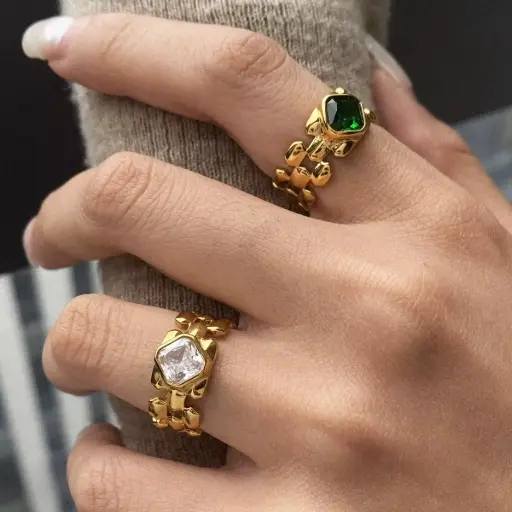 Square White & Emerald Zircon Watch Band Women Rings