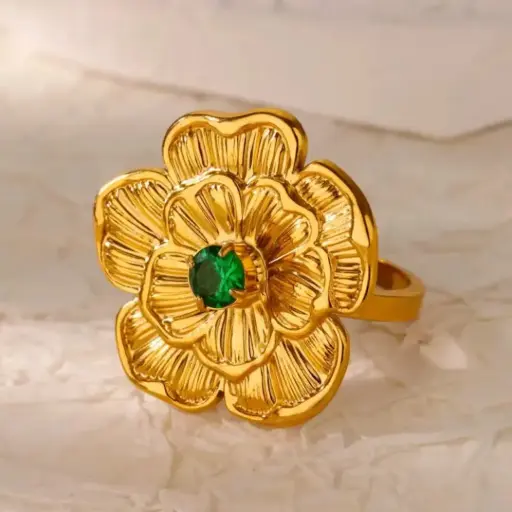 [R0050] Flower - Green Zircon Adjustable Ring Stainless Steel