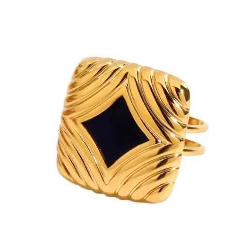 [R0051] Black Square Adjustable Ring Stainless Steel Gold plated