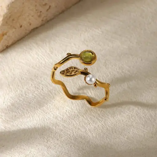 Leaf & Pearl Adjustable Ring Stainless Steel Gold plated