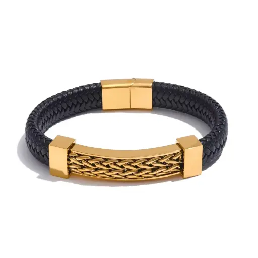 [MB0006] Gold & Leather Magnetic Clasp Men Bracelet 316L SS & 18k Gold PVD plated